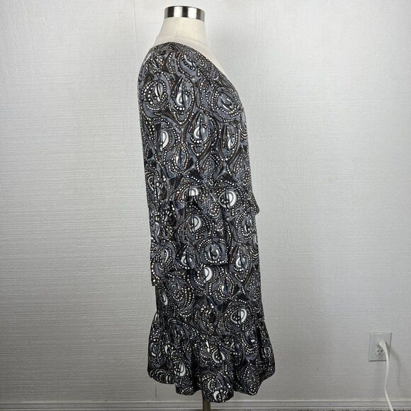 Tibi New York Dress 8 Womens Gray Print Silk 3/4 Sleeves Mini Lined Ruffle Hem - Picture 2 of 9
